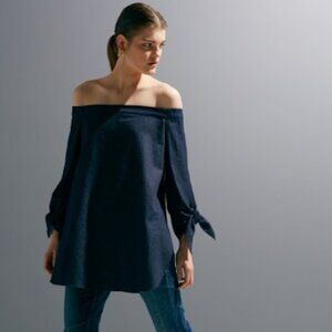 Tibi Denim Off The Shoulder Tie Wrist Blouse